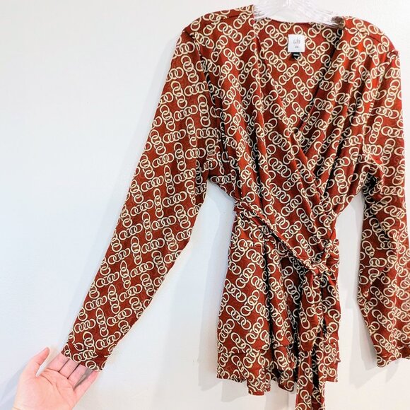 CABI Ringleader Wrap Top XXL Rust Orange Red Gold Rings Long-Sleeved V-Neck - Picture 4 of 10